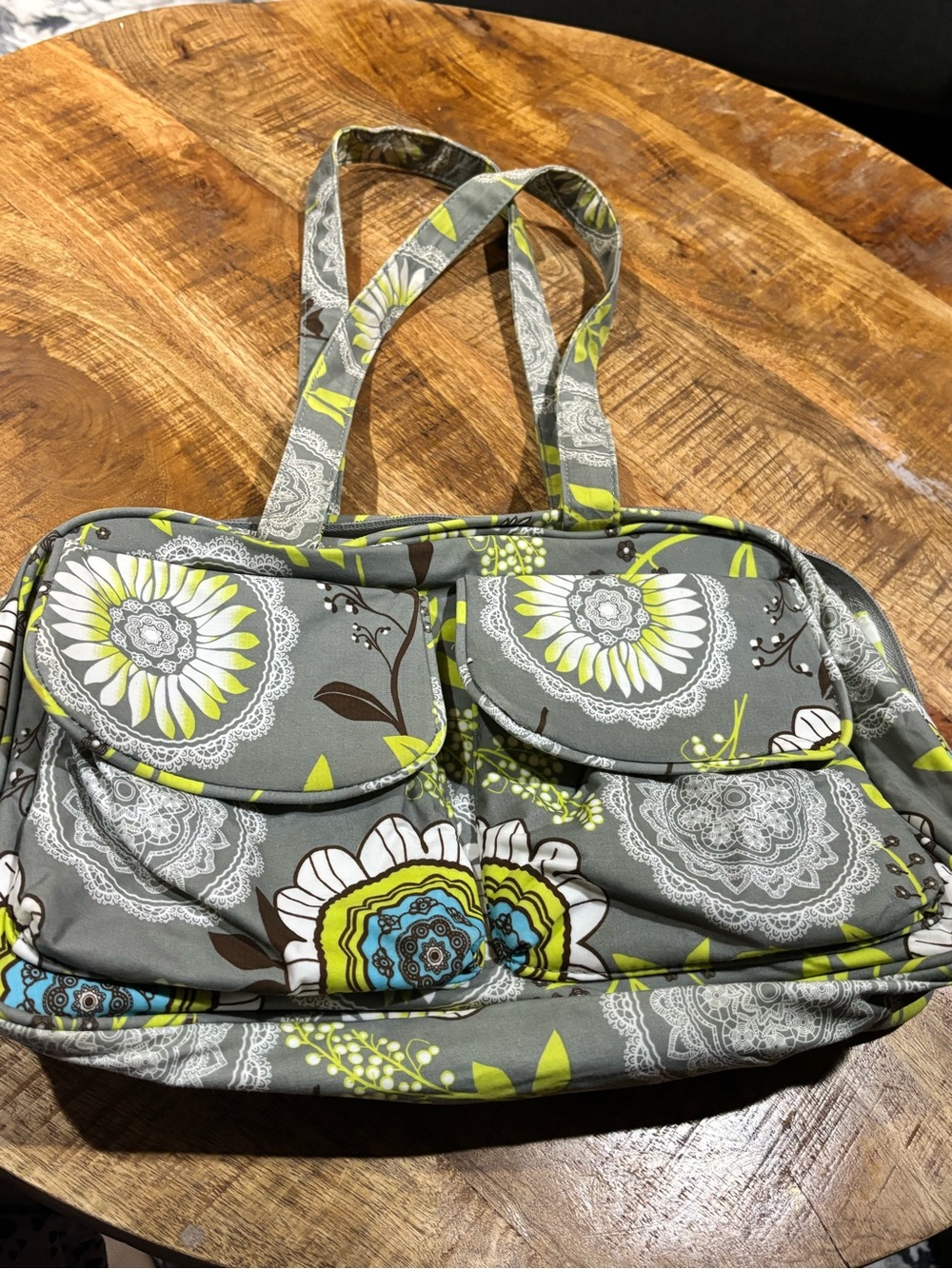 Gray Floral Tote Bag with Lime and White Accents